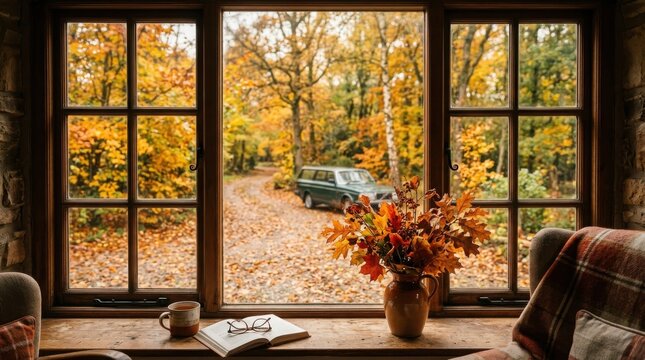 Cozy window view of autumn forest with fall leaves, book, tea cup, and vintage car on leafcovered road