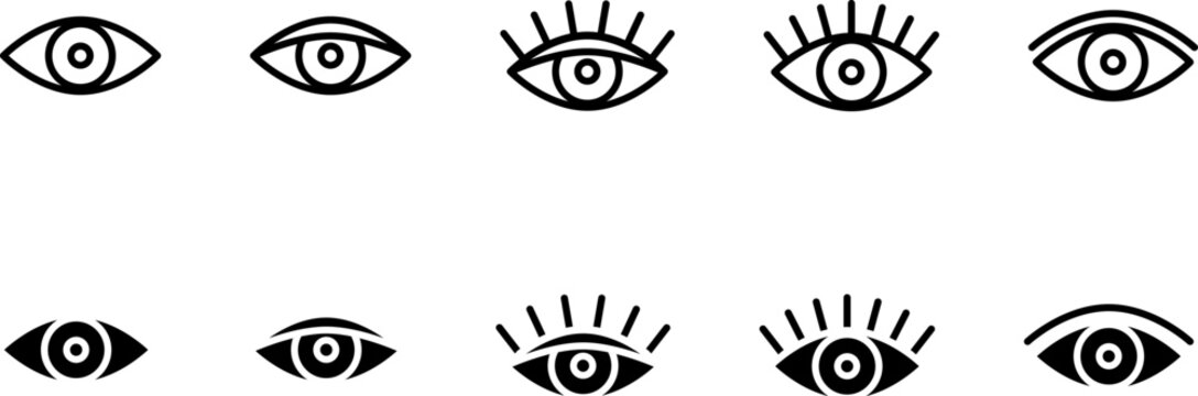 Eye Icons Set with Lashes and Pupil Variations in Outline and Solid Style for Vision and UI Design