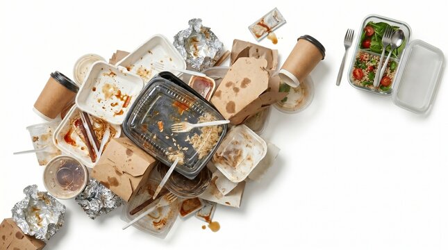 Pile of plastic trash and carryout food containers after meal. Excessive consumption and environmental waste problem. Disposable packaging clutter on white background, eco sustainability concept.