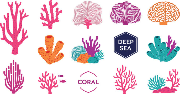 Set of Coral and Deep Sea Vector Icons Featuring Various Coral Shapes, Marine Life, Deep Sea, and Underwater Design Badges for Ocean Illustrations