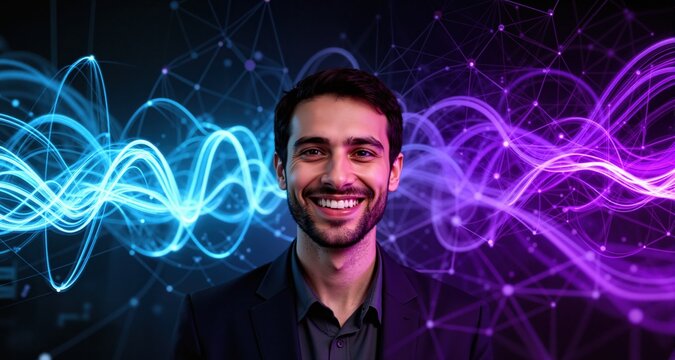 An AI researcher smiling while testing AI algorithms, feeling confident and fulfilled. Dynamic network of light trails in azure and deep purple, forming a complex technological web.
