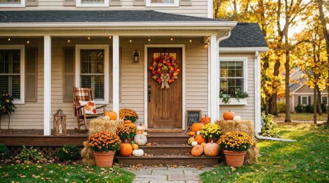 Front porch decorated for fall with pumpkins, hay bales, and autumn wreath on a wooden door