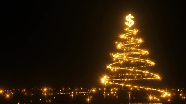 Golden spiral christmas-tree light trail with dollar sign topper against black night sky above twinkling city lights