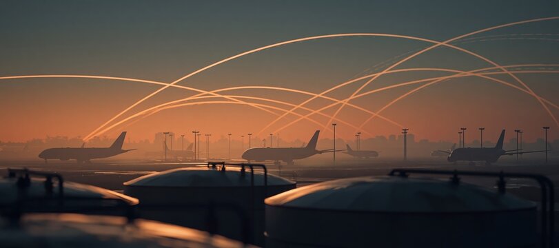 Panoramic airport skyline at dawn with grounded aircraft and fuel tanks
