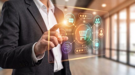 Obraz premium Business professional interacting with digital customer experience icons