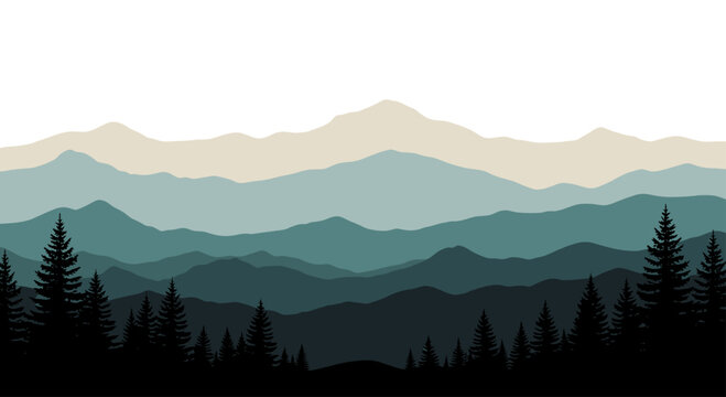 Silhouetted evergreen trees rise against layered, muted blue and tan mountain ranges