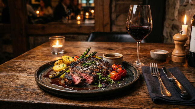 Grilled steak with vegetables on wooden table in cozy candlelit dinner setting