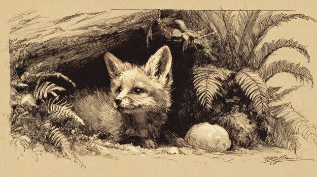 Vintage illustration of a cute fox cub peeking from its den in a forest, surrounded by ferns and natural foliage. Wildlife art.