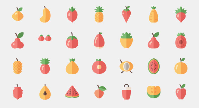 Colorful flat fruit icons on white background