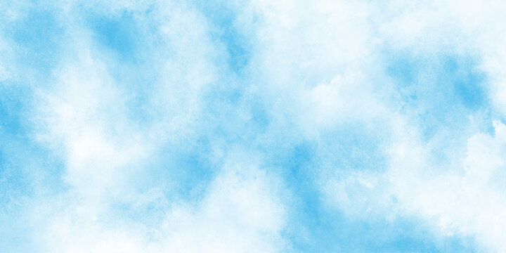 Creative design with grunge aquarelle paper textured canvas for vintage design, blue sky background with white clouds. panorama, watercolor painted mottled blue background.