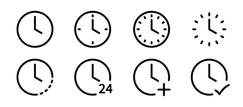 Minimal Clock icon Set with Progress, Completion, add extra time and 24 Hour Clock icons For Web and App isolated on Transparent Background