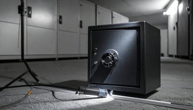 Sturdy metal safe being securely bolted to a reinforced concrete floor for maximum security and storage.