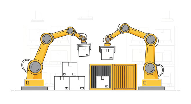 Automated warehouse robots loading boxes into a shipping container, industrial automation concept