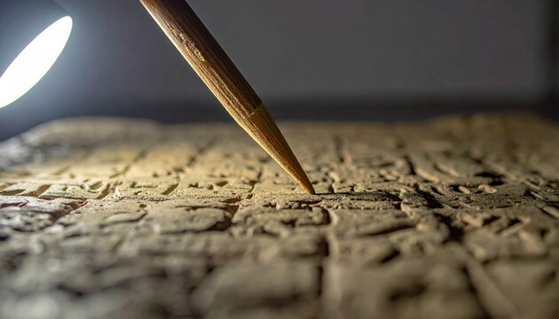 Close-up perspective of a wooden stylus carving fresh cuneiform marks into an ancient clay tablet, detailing the process of early writing and historical inscription.