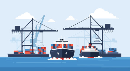 Fototapeta premium Container Ships Docked at Port with Cranes Loading Cargo
