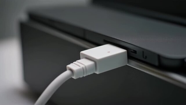 Close-up of a hand inserting a white charging cable into a laptop port, shallow depth of field, warm tones