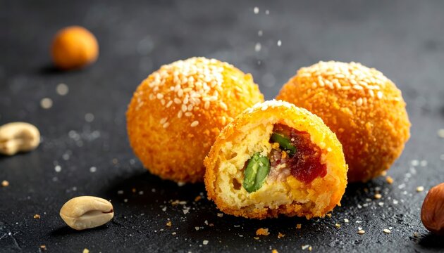 Golden fried sesame balls dusted with powdered sugar cracked open to reveal a savory filling