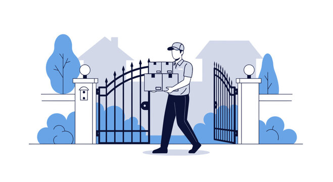 Delivery man carrying packages through open gate to house, doorstep delivery concept