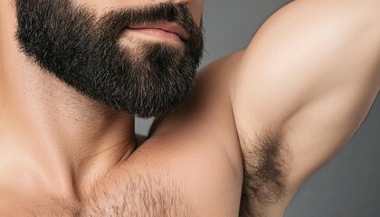 Naklejka premium Close-up View of a Confident Man with Distinctive Beard and Unshaven Underarm Hair, Detailed Torso