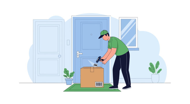Delivery person scanning package at front door, contactless delivery concept