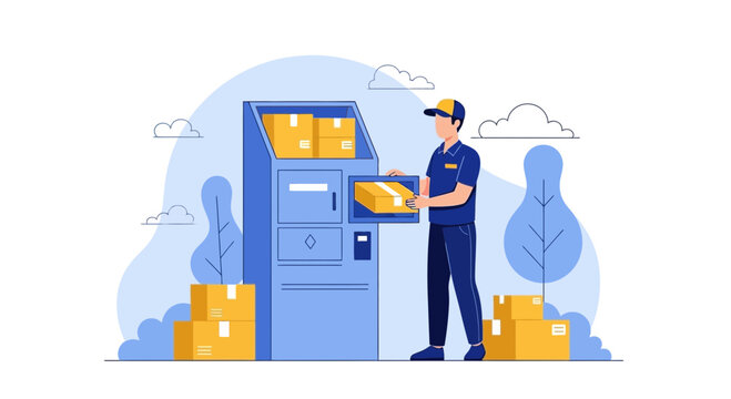Delivery person using smart parcel locker for package delivery and pickup, modern logistics