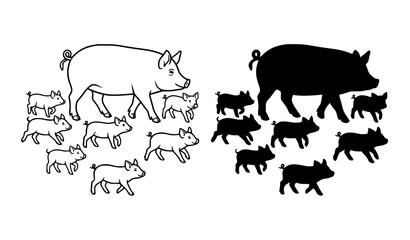 Pig with Piglets Outline and Silhouette Vector Illustration Set © MdAiyub