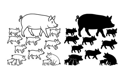 Mother Pig and Piglets Black Outline Silhouette Vector Set © MdAiyub