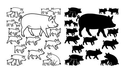 Pig Family Outline and Silhouette Vector Collection © MdAiyub