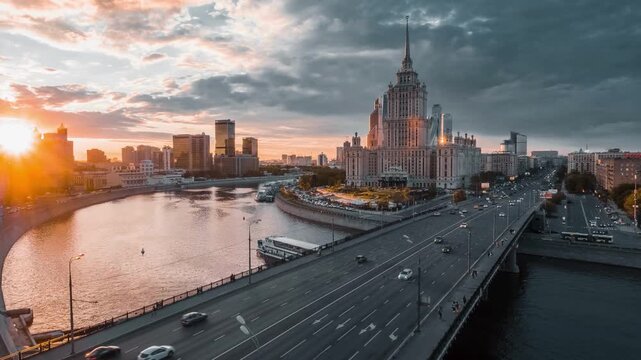 Aerial Time Lapse of Moscow City Skyline and River Bridge at Sunset