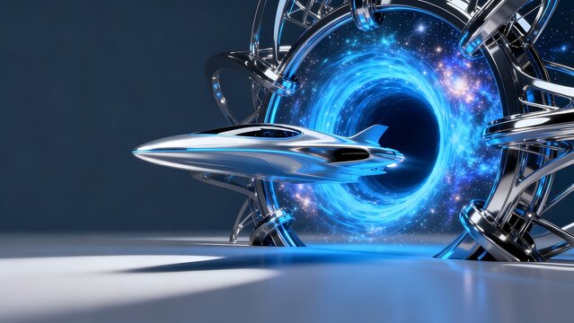 Futuristic spaceship near wormhole