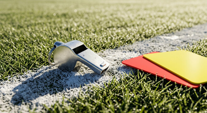 Ground Level Cinematic View of a Metal Referee Whistle, Red Card, and Yellow Card on a Green Football Pitch with Stadium Lights