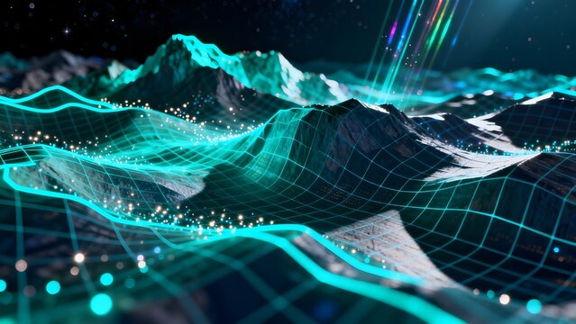 Digital landscape with glowing grid and stars