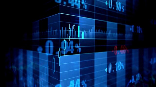3D Financial Stock Market Data Candlestick Charts on Blue Glowing Cube