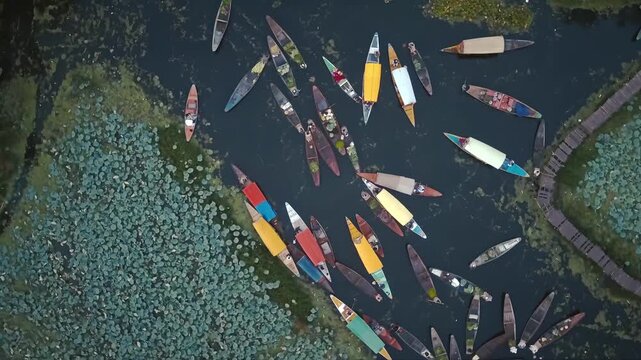 Aerial view of colorful Shikara boats navigating a serene lake filled with lotus pads