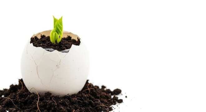 A fragile cracked eggshell cradles a vibrant green sprout growing from rich dark soil, symbolizing the beginning of new life and growth, garden, earth, sustainability