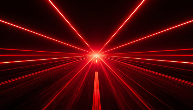 Abstract red light rays bursting from center in dark dramatic background with motion blur effect