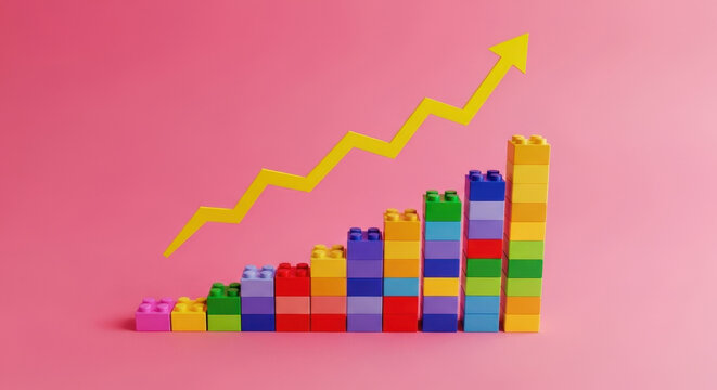 Growth Chart with Lego Blocks and Arrow on Pink Background Business Concept Success Development Strategy Progress Investment Rising Finance