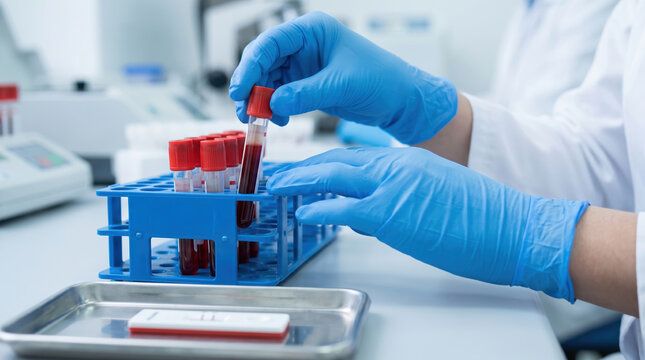 A laboratory technician in gloves picks up a blood sample tube from a rack. The setting is a testing area designed for medical examinations. Equipment is visible in the background