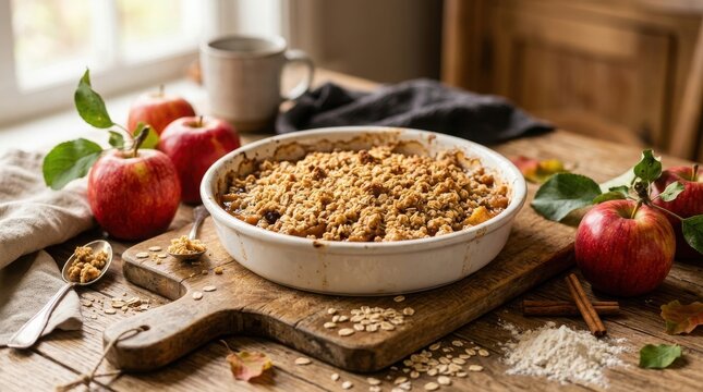 Homemade apple crumble on rustic wooden table with fresh apples, cinnamon, and oats