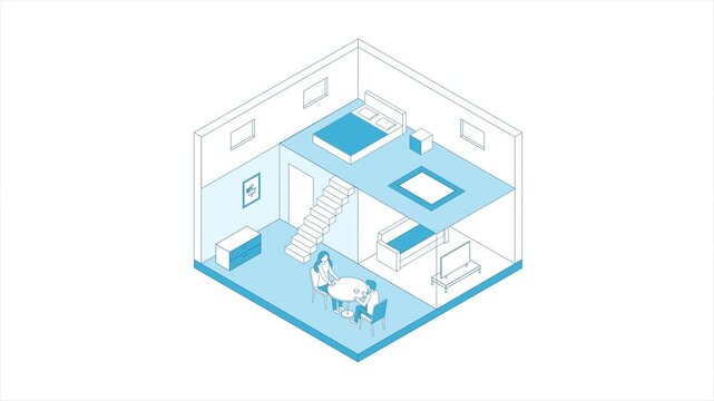 House cutaway stroke isometry. Smart home isometric. Eco house cross section outline footage with bed, carpet, nightstand, table, chairs, TV, painting.