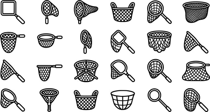 Insect Catching Net Outline Icon Set with Butterfly Nets, Bug Catcher Tools, Mesh Nets and Outdoor Kids Exploration Equipment Isolated on White Background