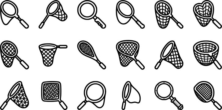Insect Catching Net Outline Icon Set with Butterfly Nets, Bug Catcher Tools, Mesh Nets and Outdoor Kids Exploration Equipment Isolated on White Background