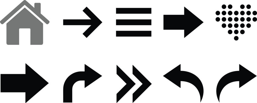 Minimalist Web UI Interface Icon Set with Home Menu Dotted Heart and Various Directional Navigation Arrows for Website Design and Application Development