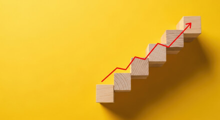 Obraz premium Growth Chart Wooden Blocks Rising Success Arrow Increasing Progress Development Yellow Background Business Concept Strategy Performance Investment