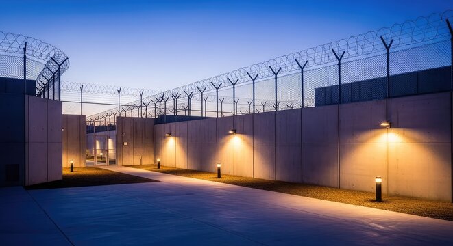 A modern high-security penitentiary exterior at twilight featuring sleek concrete walls, glowing outdoor paths, and tall wire fencing, urban, jail, compound