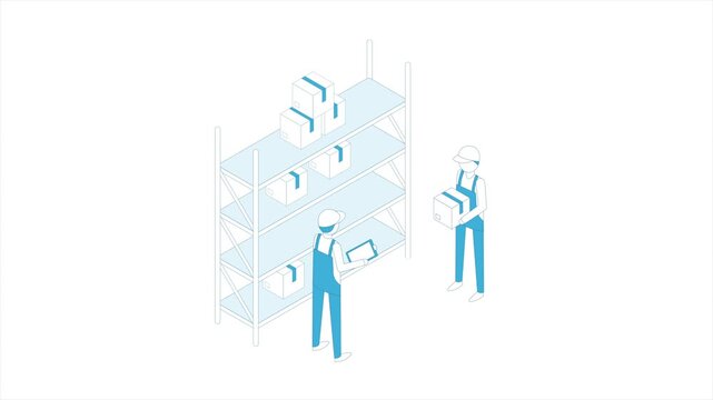 Warehouse staff with boxes outline isometric footage. Process of shipping cargo. Delivery concept outline.