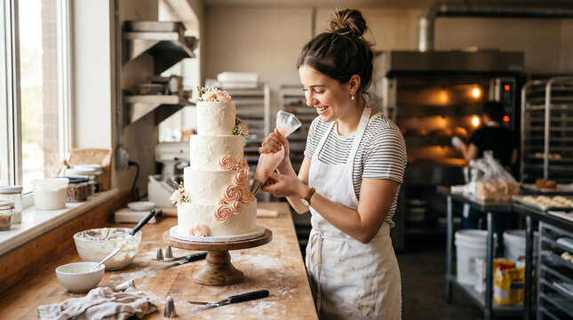 Smiling young female cake decorator in white apron piping buttercream rosettes on tiered cake on wooden counter in softly daylit cake studio