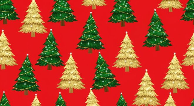 A seamless festive pattern showcasing decorated gold and green Christmas trees with tiny white snowflakes over a vibrant red backdrop for joy, snowflake, creative, green