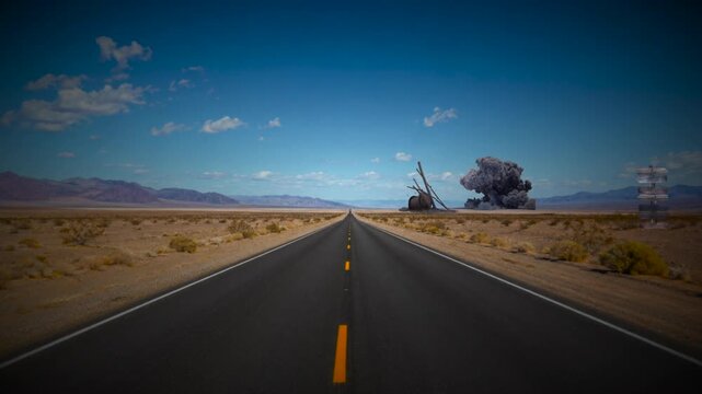 Explosions along a desert highway long shot