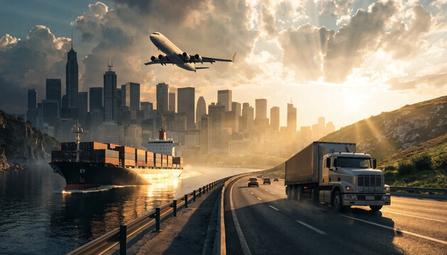 Airplane flying over highway with trucks and city skyline at sunset dramatic clouds